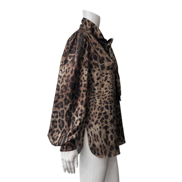 $1295 NWT Dolce&Gabbana Brown Leopard Pussy Bow Metallic Blouse Top IT 42/6 - Picture 4 of 8